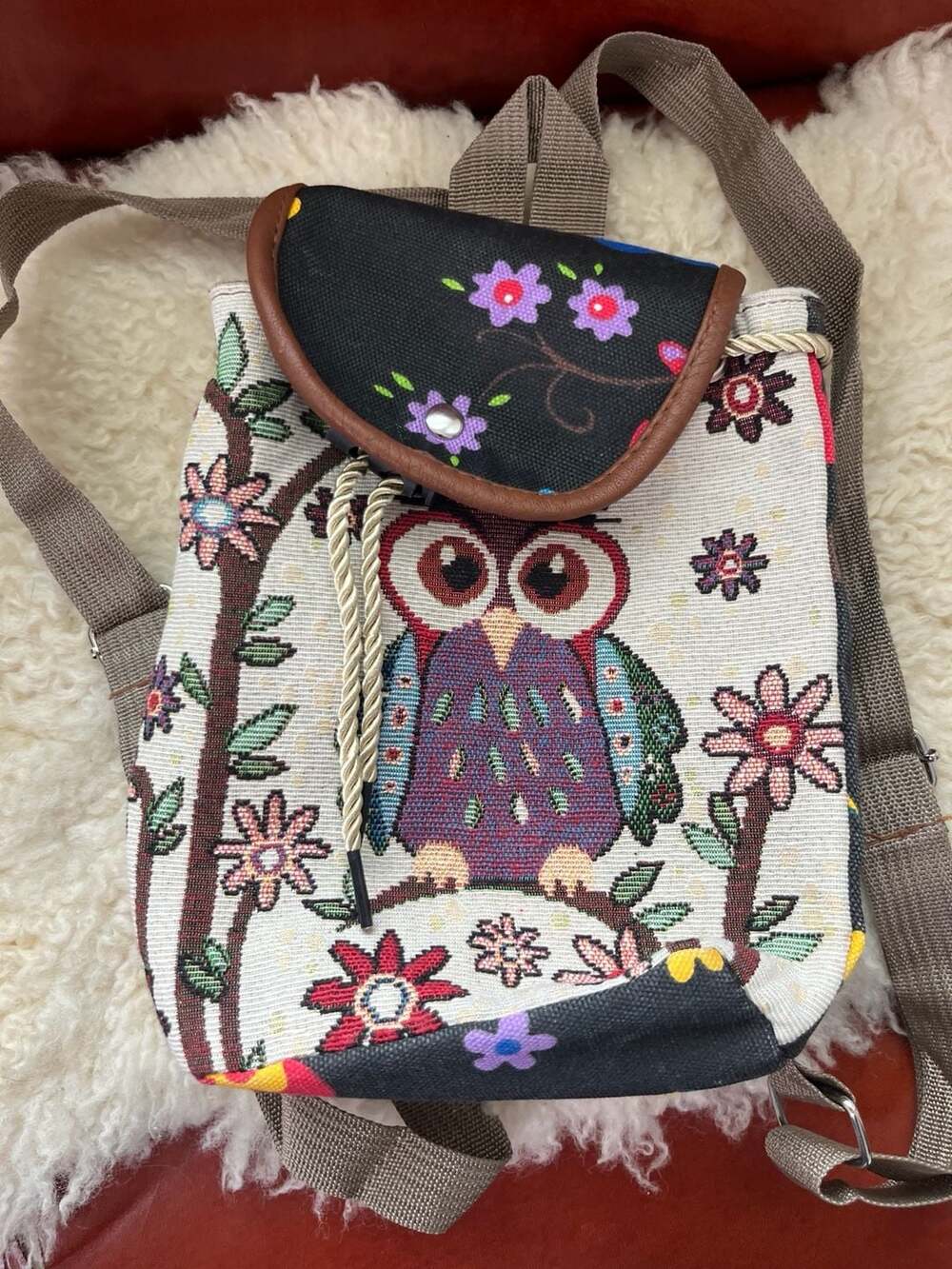 Owl Tapestry Mini Shoulder Bag Backpack Folk Art Boho Embroidered Canvas Purse